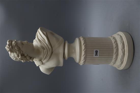 After the Antique, a parian bust of the Apollo Belvedere, on a pillar, height 50cm